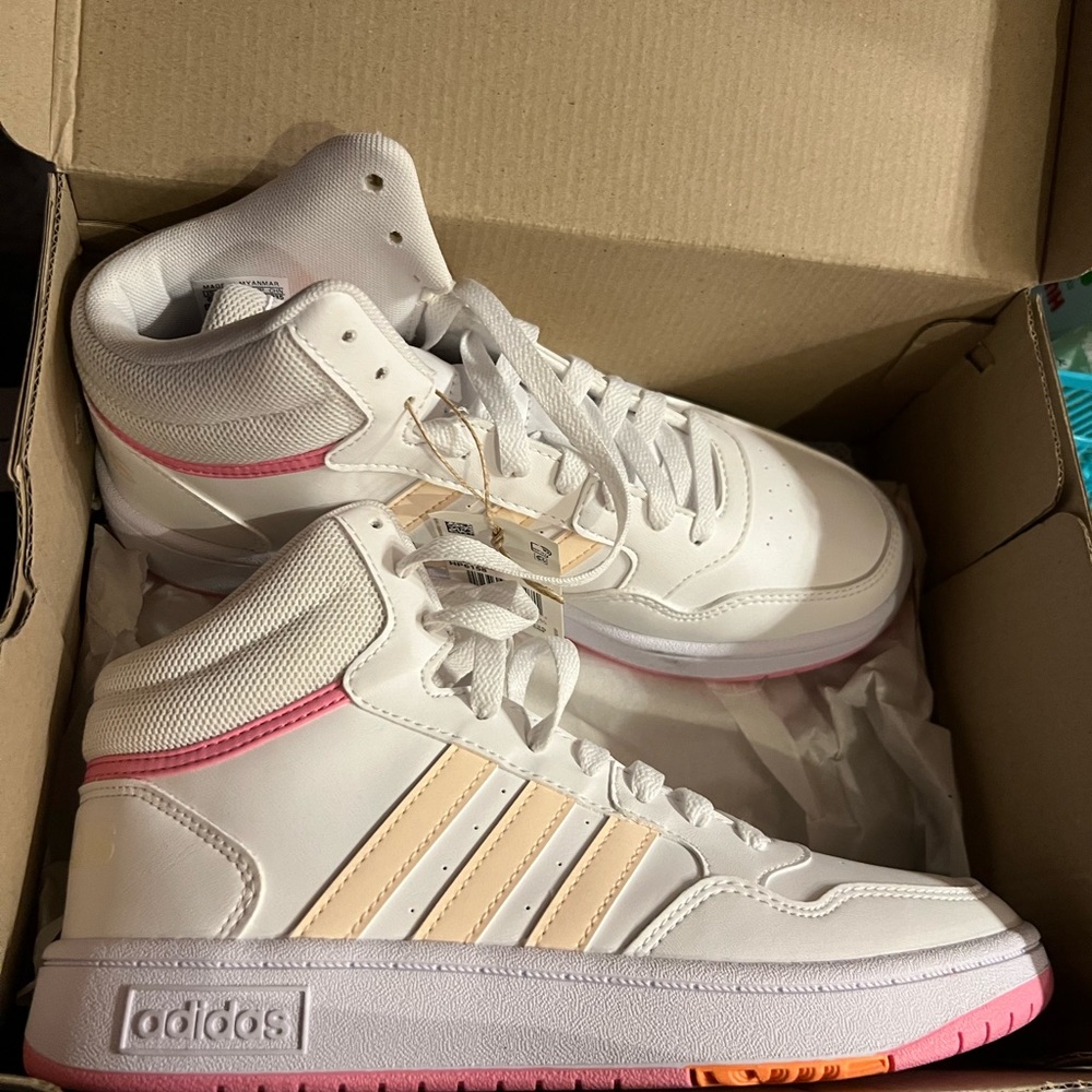 White,  pink and light orange high top Adidas shoes. Super cute! Never worn.
